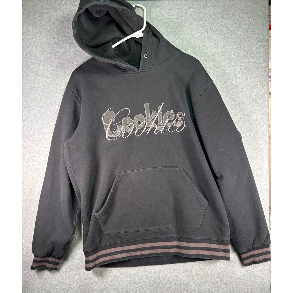 Cookies SF Mens Black Script Logo Hoodie Striped Trim Sweatshirt XL Fits Medium